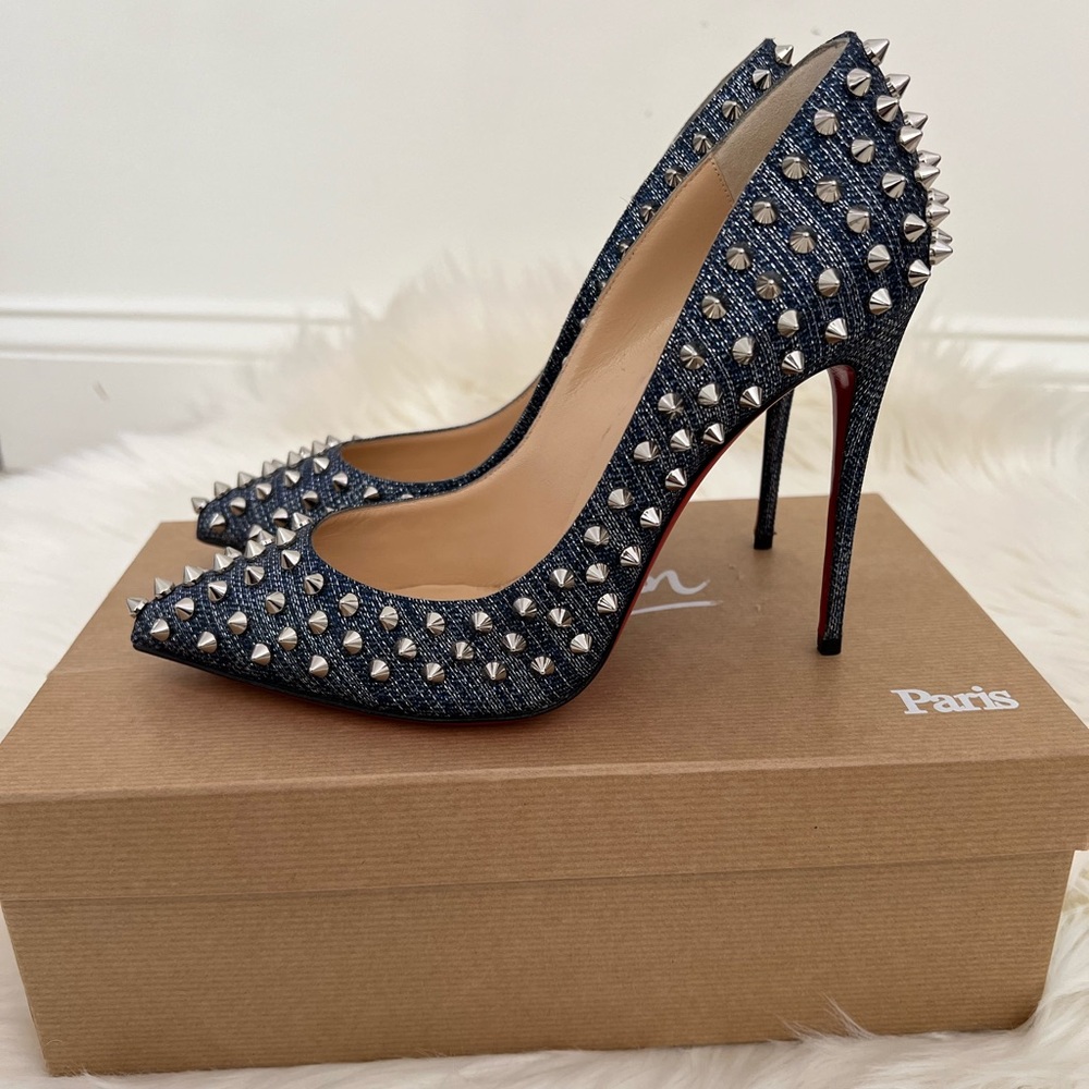 Christian Louboutin Follies Spikes 100 Denim/Silver 38